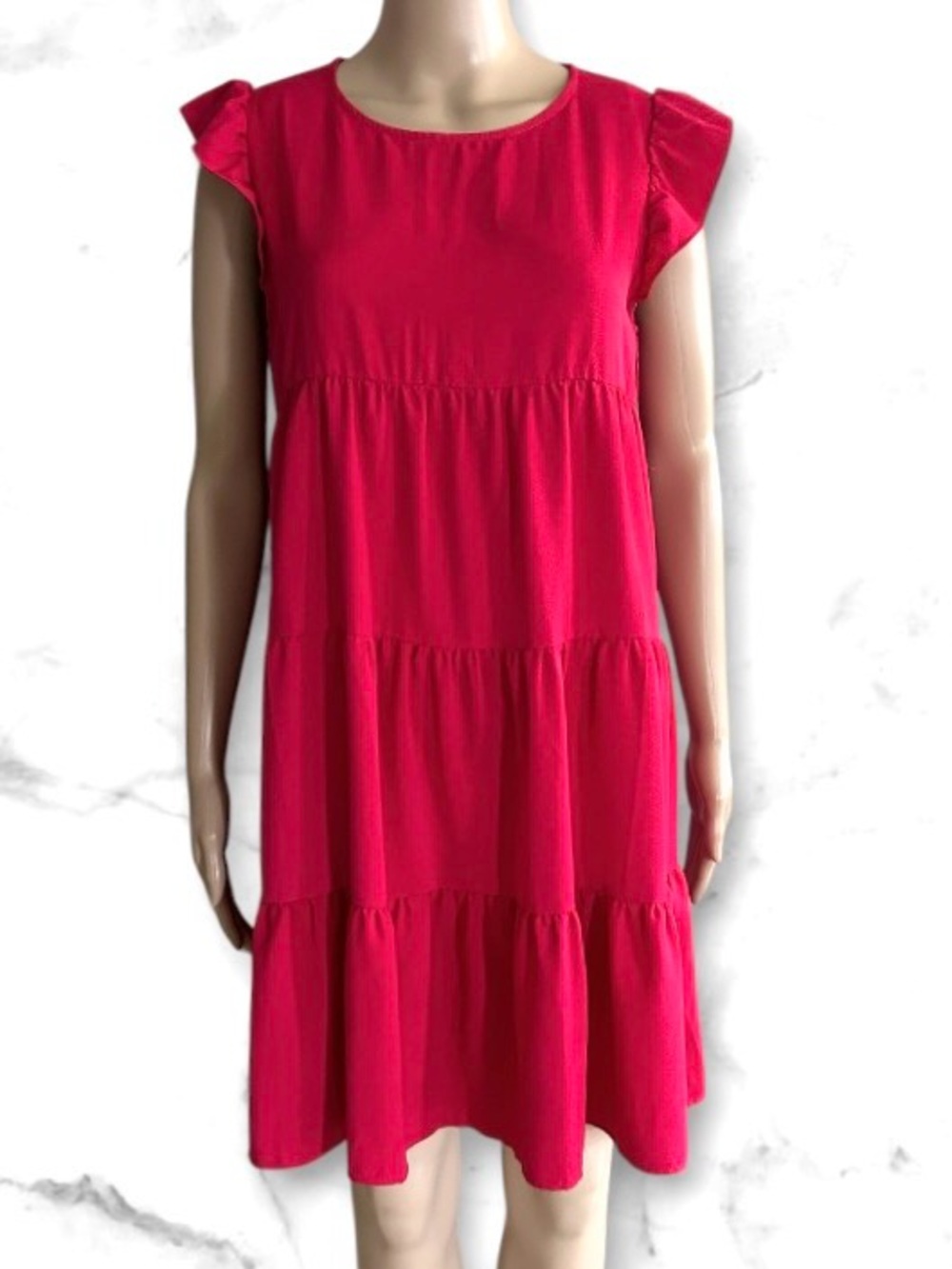 Women's Red Ruffle Sleeve Tiered Dress Sz.S